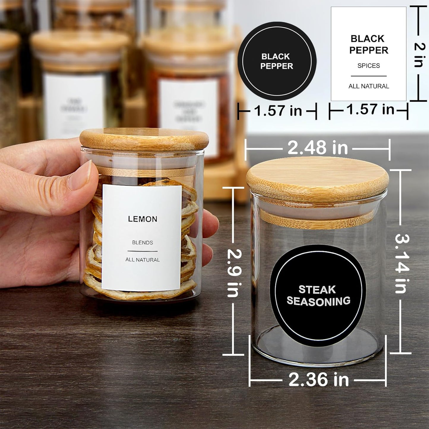 4OZ Glass Spice Jars with Bamboo Lids and 315 Labels, 10 Pcs Clear Food Storage Containers for Kitchen Sugar Salt Coffee Tea Beans