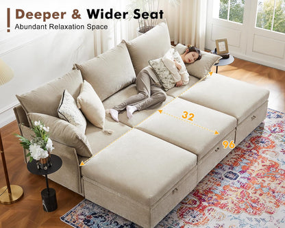 134.6" Modular Sectional Sofa, Oversized 4 Seater Couch with Removable Beige Chenille Fabric Cover, Deep Seat & High Backrest for Living Room, Office & Apartment