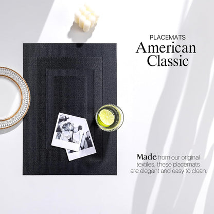LEXMORE Placemats Set of 6 Vinyl/Plastic Woven Place Mats for Kitchen Table Indoor/Outdoor Washable Placemat Wipeable Dining Table Mats(G-Black Cube)