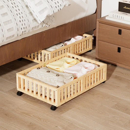 Bamboo Under Bed Storage with Wheels (2-Pack) – Rolling Underbed Shoe Organizer Box for Shoes, Blankets, Toys, Clothes Container Space-Saving Organizer Bins for Bedroom, Closet, Dorm, Nursery
