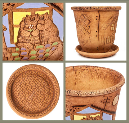 Ceramic Pot with Drainage Hole and Saucer, Plant Pots, Modern Decorative Planters for House Plants Indoor Flowers Plants, Cute Flower Pot - Gifts (Cats (3 L))