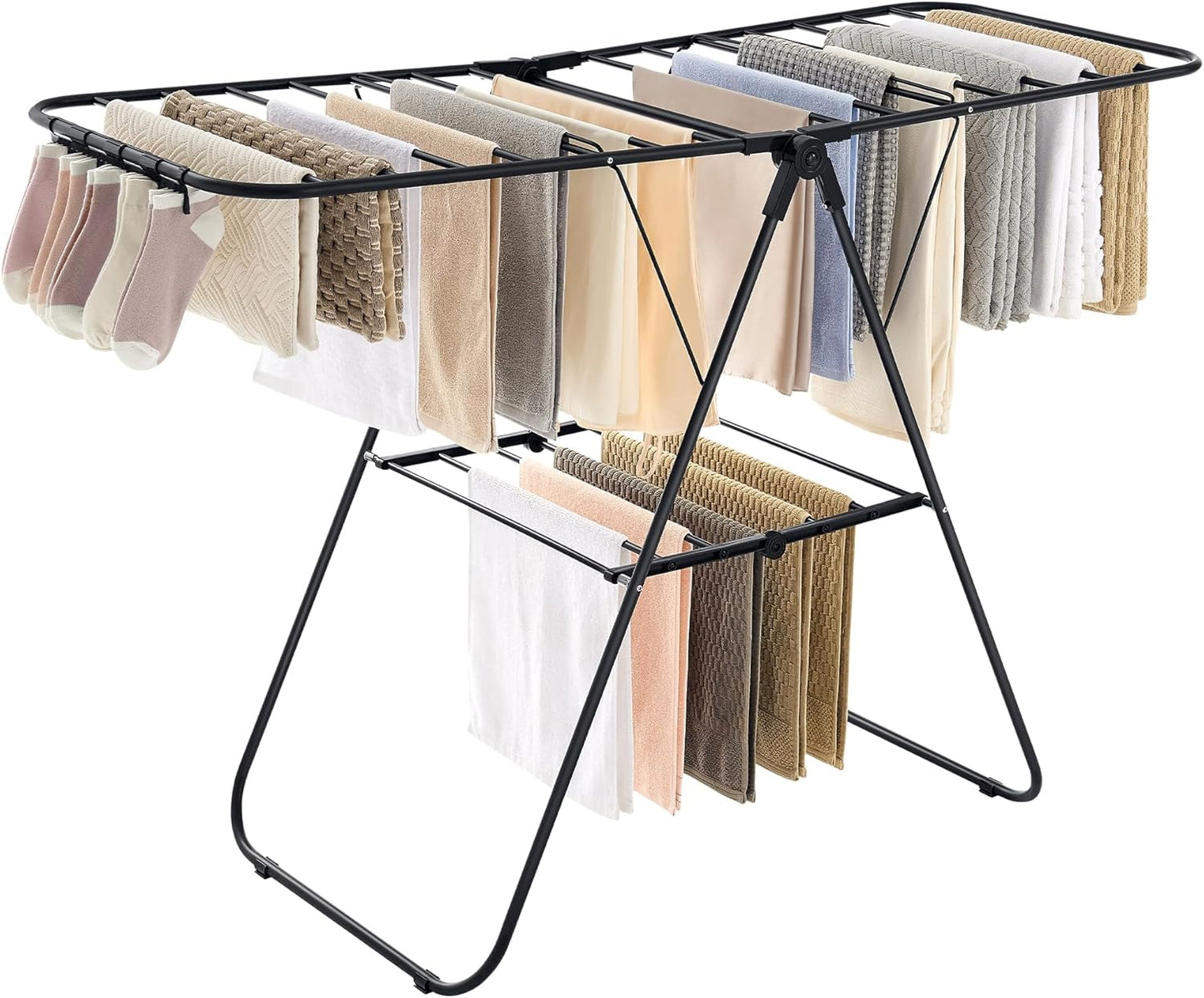SONGMICS Clothes Drying Rack, with Sock Clips, Metal Laundry Rack, Foldable, Space-Saving, Free-Standing Airer, with 2 Height-Adjustable Gullwings, Indoor Outdoor Use, Black ULLR052B01