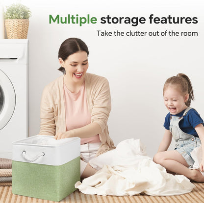 13x13 Inch Cube Storage Bins with Reinforced Bottom Cardboard, 6 Pack Large Collapsible Fabric Storage Cubes with Handles for Shelf, Closet, Toy, Laundry Organization (White&Green)
