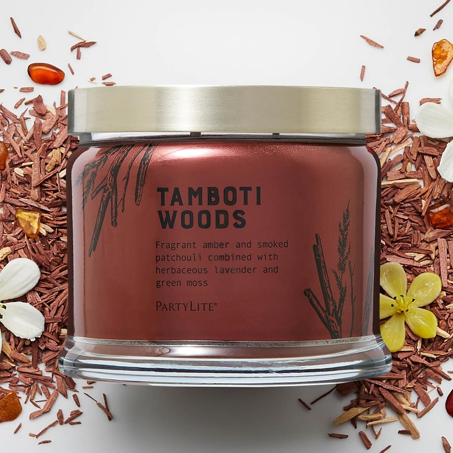 PartyLite Tamboti Woods Scented, Notes of Exotic Amber, Patchouli, Lavender & Green Moss, 13.2oz 3-Wick Jar Candle, 45 Hour Burn Time, Luxurious Fragrance, Perfect for Gifting