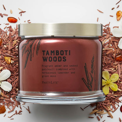 PartyLite Tamboti Woods Scented, Notes of Exotic Amber, Patchouli, Lavender & Green Moss, 13.2oz 3-Wick Jar Candle, 45 Hour Burn Time, Luxurious Fragrance, Perfect for Gifting
