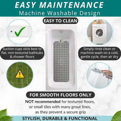 ENKOSI Bathtub Mat – 40 x 16 Inch Extra Long Non Slip Shower Mat – Anti Slip Grey Bath Mat with Suction Cups and Drain Holes – Bathroom Mat for Smooth Tubs and Shower Floors (40x16 Clear Grey)