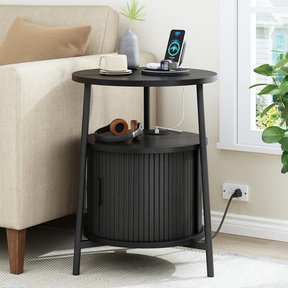Round Side Table with Storage, Fluted Nightstand with Charging Station, Small Mid-Century Modern Bedside Tables, Black End Tables for Small Space Living Room Bedroom Sofa Couch