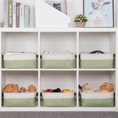 HNZIGE Collapsible Storage Baskets for Shelves(6pack) Small Fabric Bins with Handles, Linen Baskets Organizer Bins for Organizing Closet Nursery Home Shelves(White&Green, 11.8" x 7.8" x 5.1")