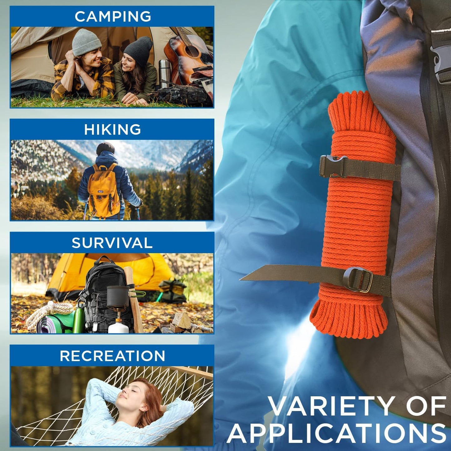 TECEUM Cotton Rope 3/16” (5 mm) – 100 FT – Strong All-Purpose Braided Rope – Natural Cotton – for Crafting, Сamping, Clothes Line, DIY, Indoor & Outdoor Use – Orange