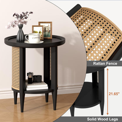 Yusong Round End Table Rattan Side Table with Solid Wood Legs, Boho Style Nightstand Bedside Table with 2-Tier Shelves, Small Coffee Table for Living Room Bedroom Small Spaces Black