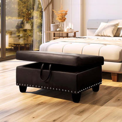 Ottoman Rectangular Storage Ottoman Bench, Faux Leather Footrest, Coffee Table, Stool Footstool with Hinged Lid for Living Room, Bedroom, Entryway, Brown, 28.5"x19"x17.5"