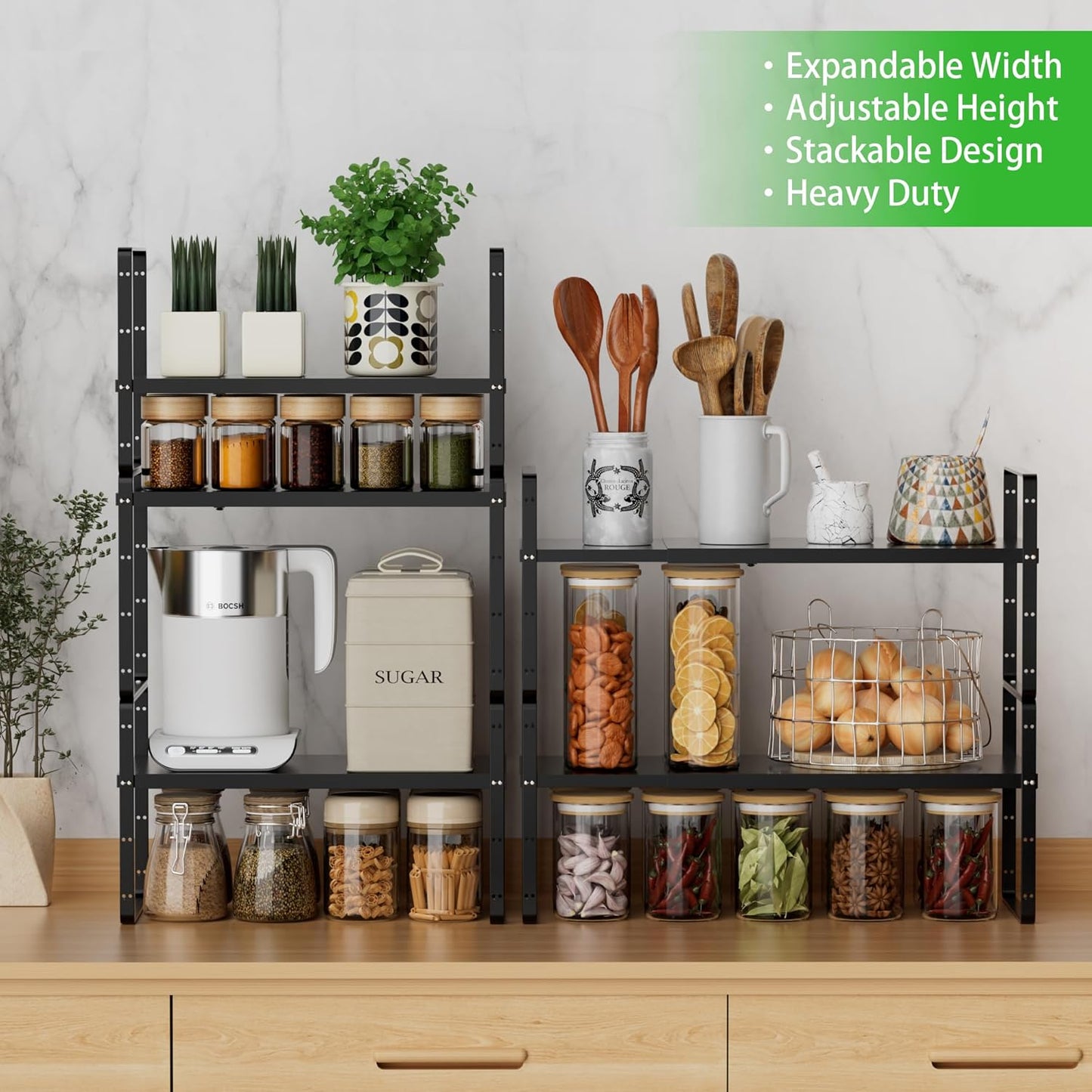 Expandable Cabinet Storage Shelf Stackable Organizer Rack for Kitchen Bathroom Pantry Spice Cupboard Countertop Home Office Desk Heavy Duty Nonslip Black Small 3 Pack