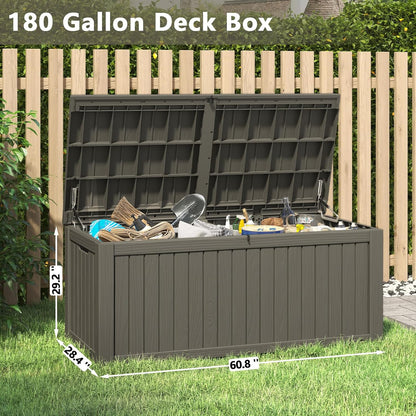 Outdoor Storage Box, 180 Gallon Deck Box, Waterproof and UV Resistant Large Resin Storage Bin, Organization and Storage for Patio Furniture, Outdoor Cushions, Garden Tools, Lockable