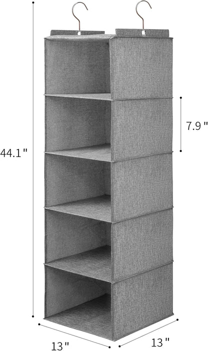 Large Hanging Sweater Organizer for Closet,Collapsible 6-Shelf Hanging Closet Shelves with Drawers, Washable (Grey-5 Shelf-1 d)