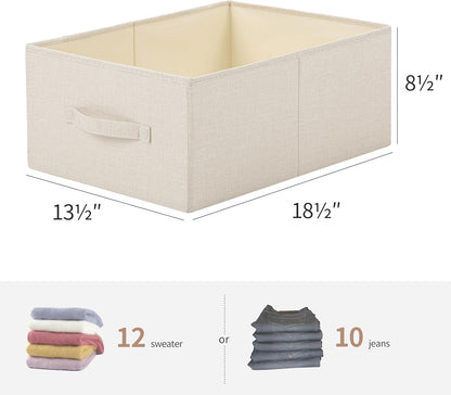 Linen Folding Storage Bins, 3 Pack Large Storage Baskets, Washable, Clothing Storage Bins with Handle, Closet Organizer for Storage Sweater,Sheets(Beige, 18½"x13½"x8½")
