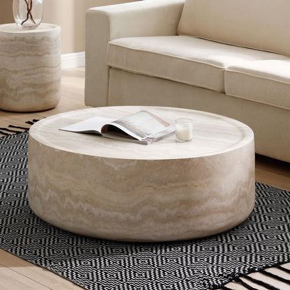 Faux Marble Coffee Table, Modern Round Coffee Table for Living Room, Circle Drum Coffee Side Tables, Fiberglass Center End Table for Small Place Apartment Office (39.37'' Marble)