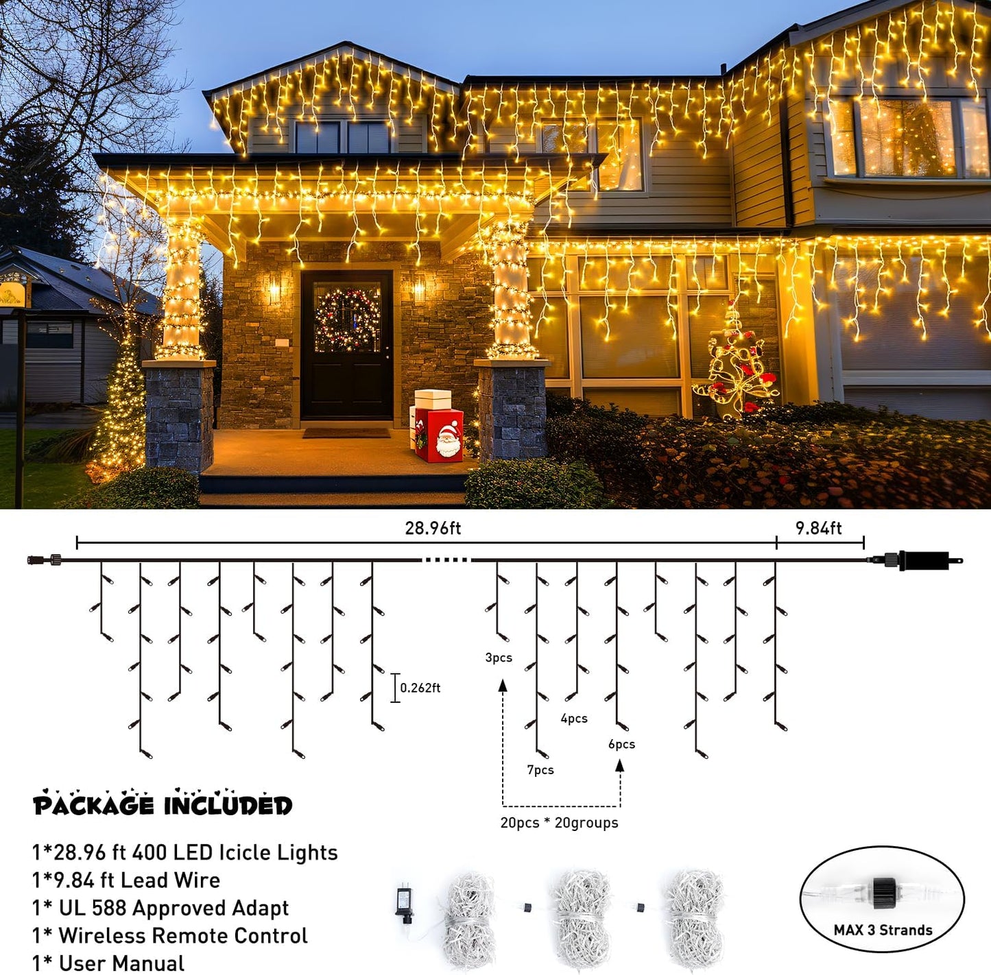 JMEXSUSS 38.8FT Icicle Lights for Outside, 400 LED Icicle Christmas Light Outdoor Indoor Plug in, Warm White String Lights for Christmas House Patio Party Fireplace Holiday Decorations