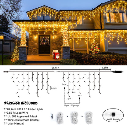 JMEXSUSS 38.8FT Icicle Lights for Outside, 400 LED Icicle Christmas Light Outdoor Indoor Plug in, Warm White String Lights for Christmas House Patio Party Fireplace Holiday Decorations