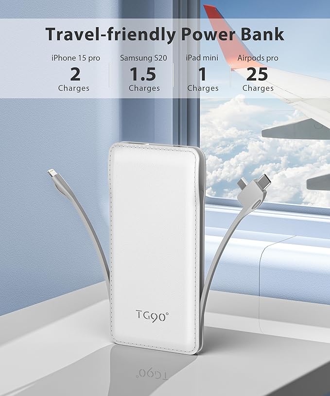TG90° 10000mAh Power Bank Built-in Cables, Pocket Size USB C Portable Charger, 3A Fast Charging External Battery Pack, Travel Essential Phone Powerbank Compatible with iPhone Samsung iPad White