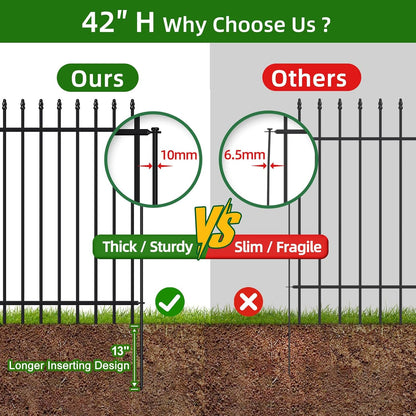 Metal Garden Fence 42 in H x 11.5 ft L, Border Fence Panels Animal Barrier for Dogs, No Dig Garden Fencing for Yard Patio Flower Bed Lawn Outdoor, 5 Panels + 6 Stakes Black