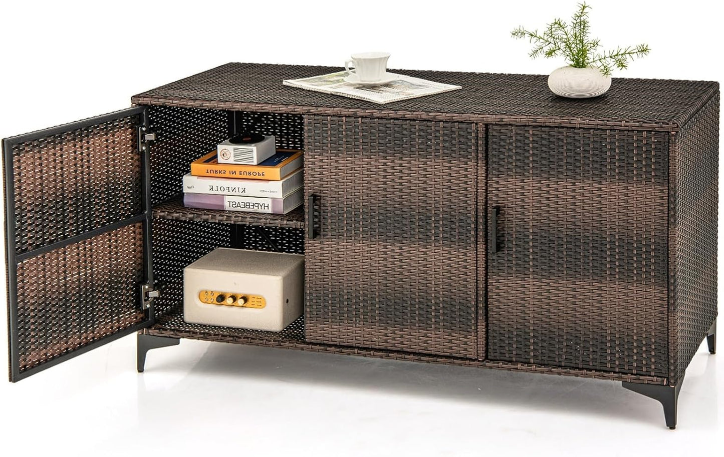 RELAX4LIFE 84-Gallon Outdoor Storage Box - Wicker Rattan 3-Door Patio Storage Cabinet Container w/Removable Shelves for Cushions, Garden Tools, Pool & Sports Equipment, Indoor Outdoor Deck Box (Brown)