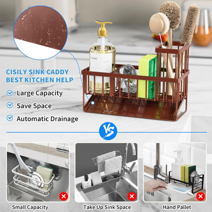 Cisily Kitchen Sink Caddy, Sponge Holder for Kitchen Sink, Kitchen Sink Organzier and Storage with High Brush Holder, Rustproof 304 Stainless Kitchen Gadgets Sink Accessories(Brown)