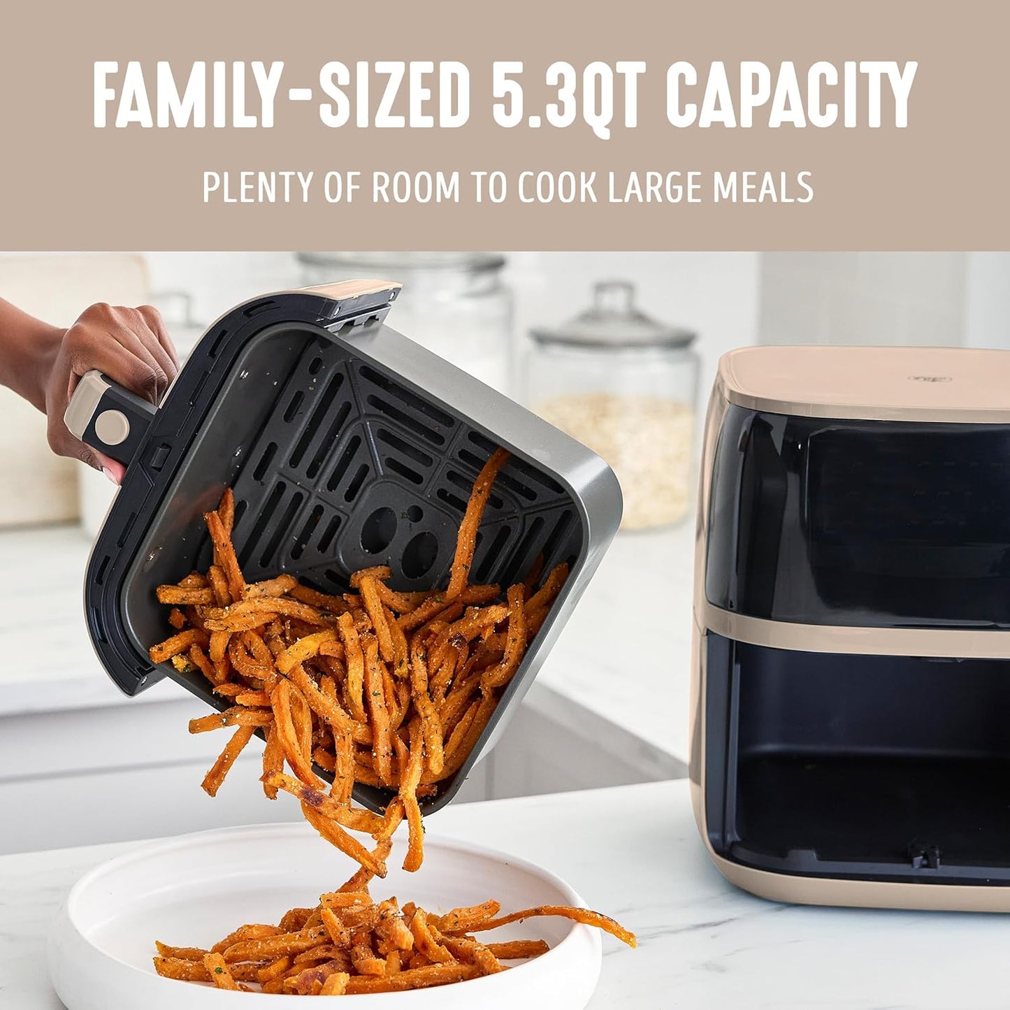 GreenLife Compact Electric Air Fryer Oven, 5.3 QT, PFAS-Free Ceramic Nonstick Drawer, 8 One Touch Digital Display, Easy View Window, Auto Shut-Off Timer, Dishwasher Safe Parts, 1500 Watts, Taupe