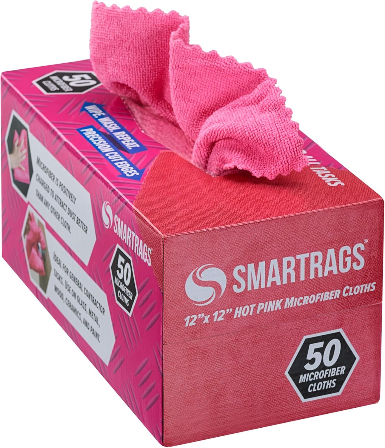Arkwright Smart Rags in Box - (Pack of 50) Lint Free Microfiber Cleaning Cloth, Scratch & Streak-Free, Dispensable Wash Towels for Cars, Window Glass, and Auto Shop, 12 x 12 in, Pink