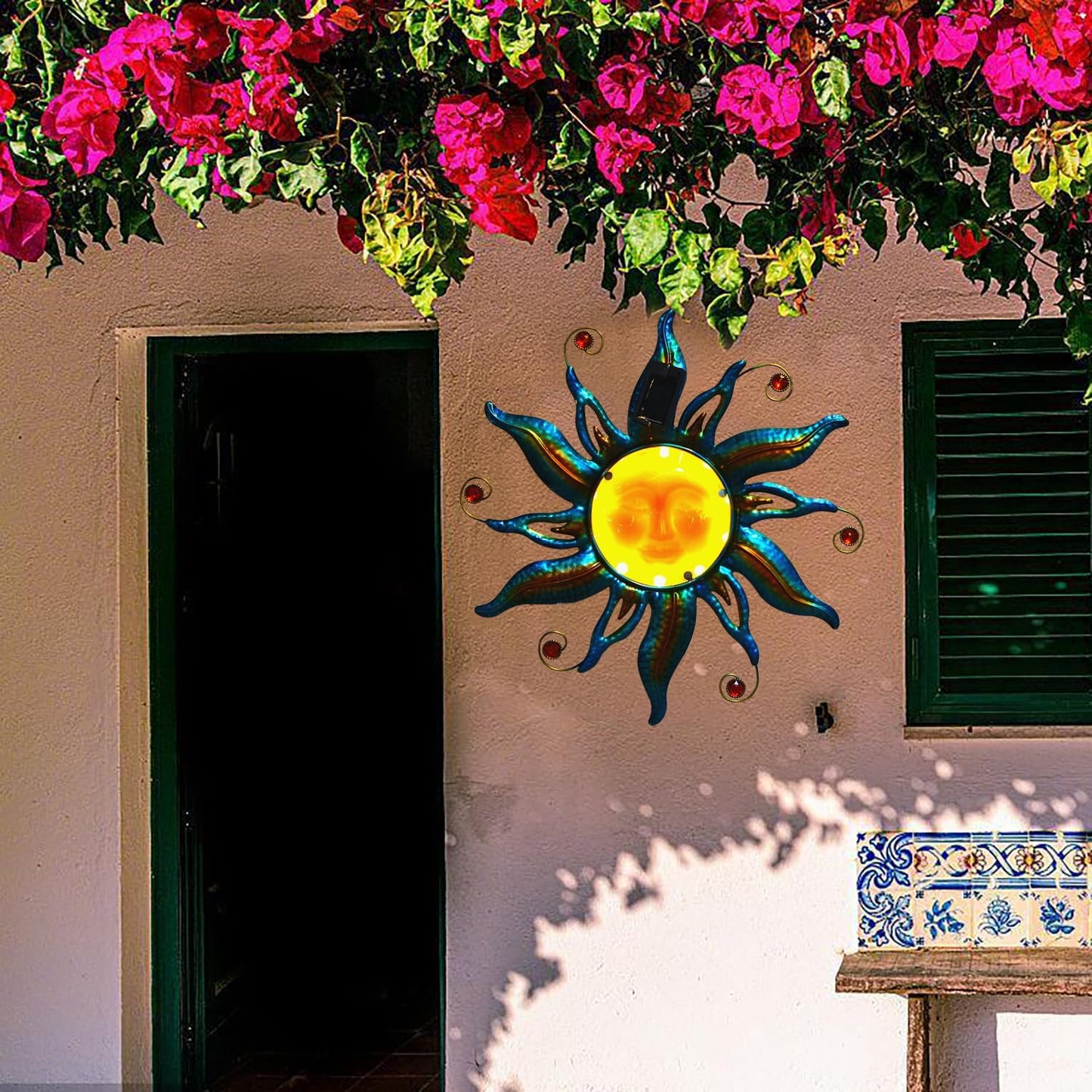 Goodeco Solar Sun Face Wall Art – Metal Outdoor Wall Decor with Solar LED Lights for Garden & Patio - Weather Resistant, Smiling Sun Face Design (18 inch, Blue)