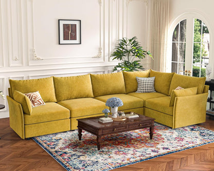 135.5" Oversized Modular Sectional Sofa, L Shaped Convertible Couch with Movable Ottoman, 5 Seat Corner Couches for Living Room Deep Seat Yellow Chenille