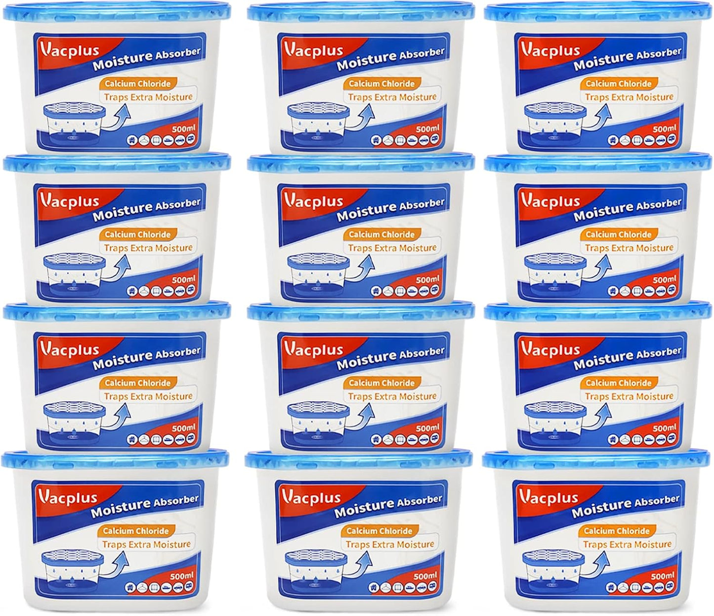 Vacplus Moisture Absorbers 12 Pack, 10.5 Oz, Humidity Absorber Boxes Attracts Extra Moisture from Your Bathroom, Closet, Kitchen, Dehumidifier for Closet (Fragrance Free), Blue