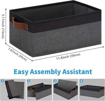 GhvyenntteS Small Fabric Storage Bins 12 Pack, 11.8" x 7.87" x 5.11" Storage Basket with Leather Handles, Closet Storage Bins for Shelves, Storage Baskets for Shelves, DVD Storage (Grey/Black)