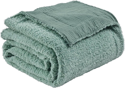 EMME Muslin and Fleece Queen Blanket Reversible - 80"*90" Teal Soft Warm Throw Blankets for Couch Bed Picnic Travel Bed