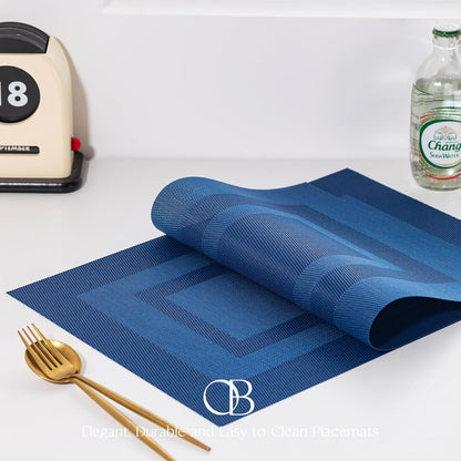 Placemats Set of 8 - Easy Clean Woven Vinyl Placemats for Dining Table, Indoor/Outdoor Place Mats, Washable PVC Table Mats（Navy Cube）
