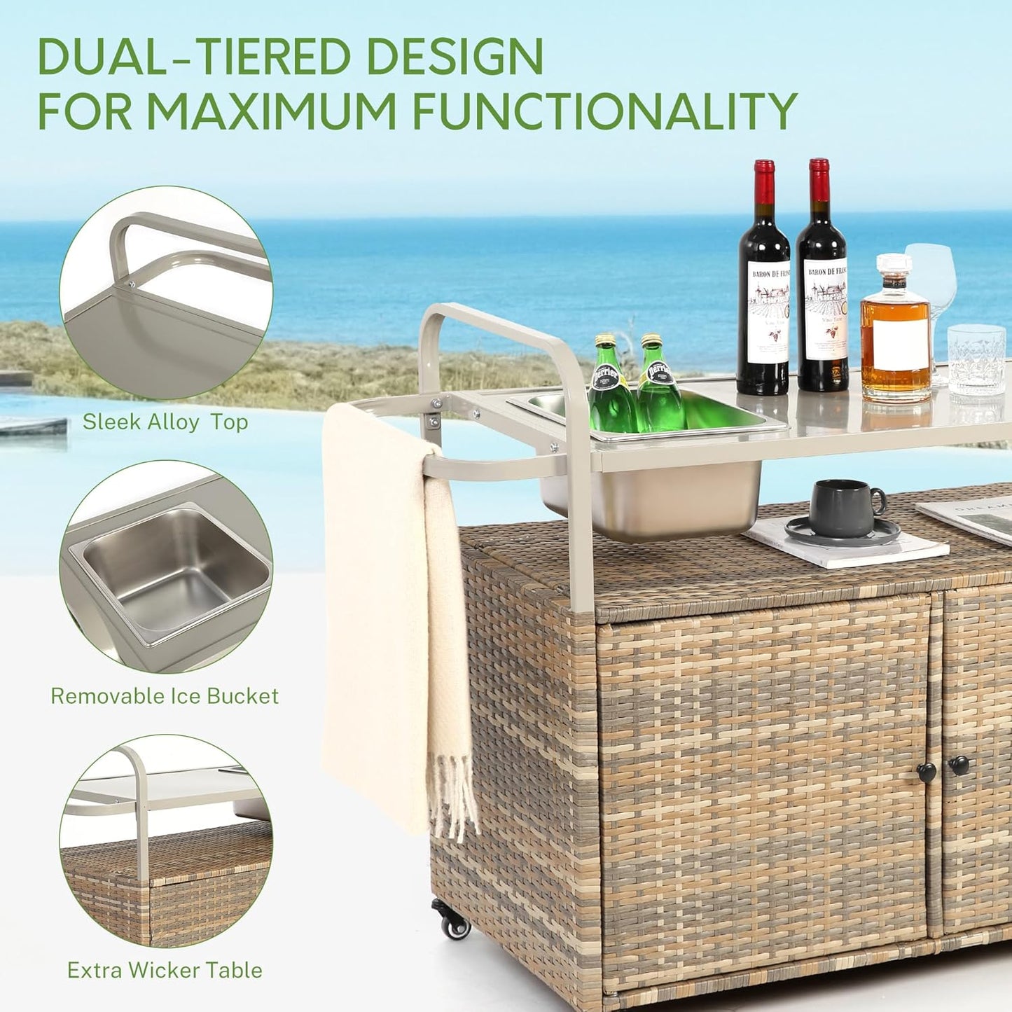 Wicker Outdoor Bar Cart with Ice Bucket, Patio Bar Table with 2 Ratten Doors Cabinet and Casters for Grill, Kitchen and Garden,Beige