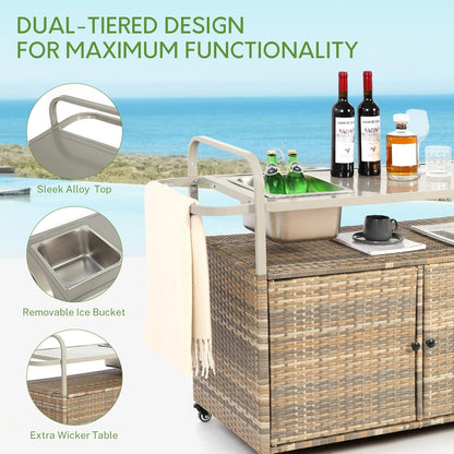 Wicker Outdoor Bar Cart with Ice Bucket, Patio Bar Table with 2 Ratten Doors Cabinet and Casters for Grill, Kitchen and Garden,Beige