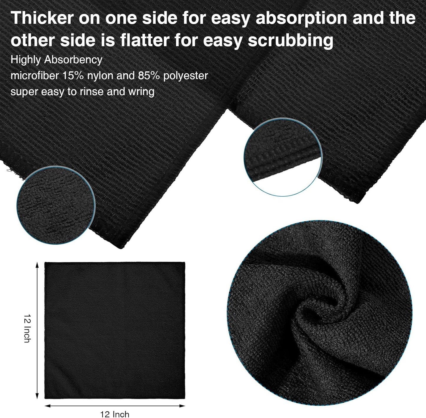 200 Pieces Microfiber Cleaning Cloths Bulk Absorbent Microfiber Towels Reusable Lint-Free Streak Free Wash Rags for House Kitchen Office Restaurants Bar Shop Car, 12 x 12 Inches (Black)