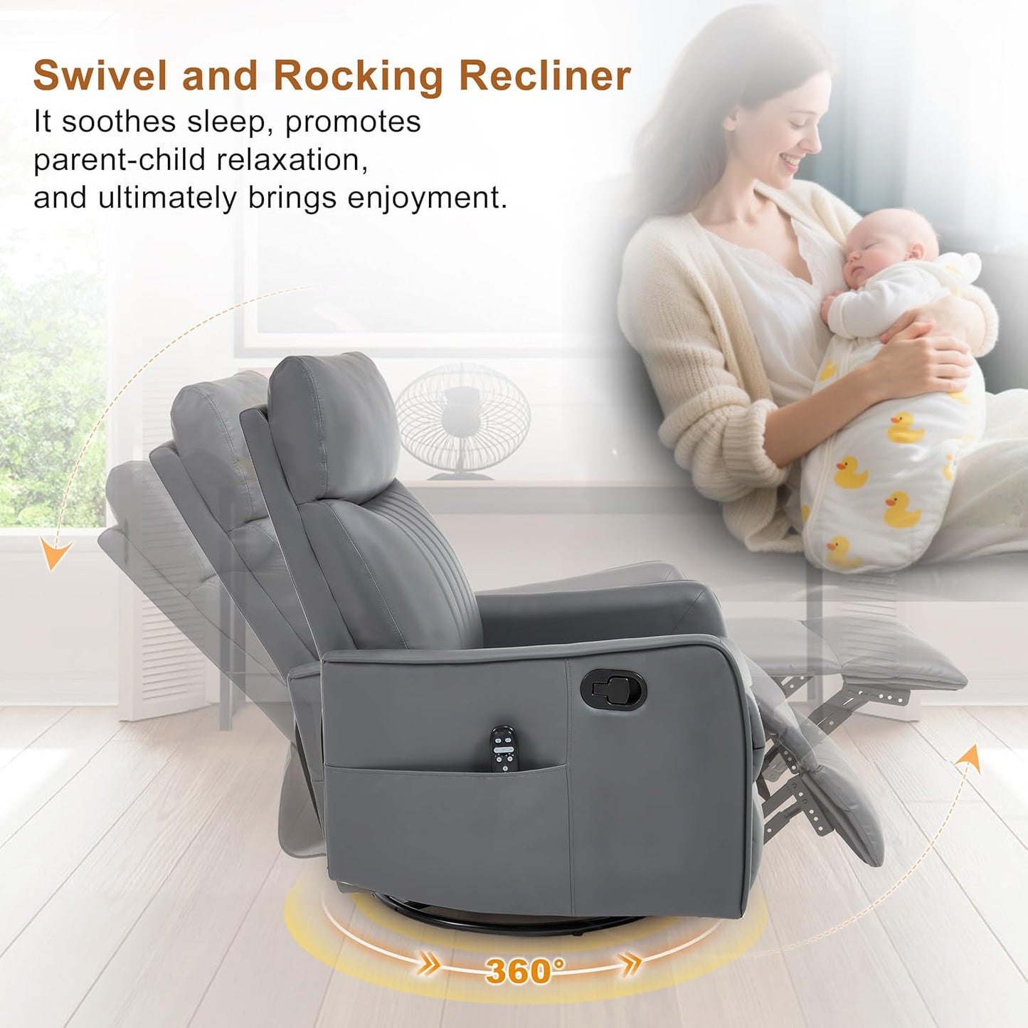 Manual Swivel Rocker Recliner Chair for Adults, Overstuffed Reclining Glider Chair for Nursing with Vibration Massage & Heat, Living Room Rocking Recliner 2-Stage backrest, Faux Leather Gray