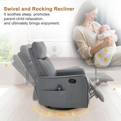 Manual Swivel Rocker Recliner Chair for Adults, Overstuffed Reclining Glider Chair for Nursing with Vibration Massage & Heat, Living Room Rocking Recliner 2-Stage backrest, Faux Leather Gray