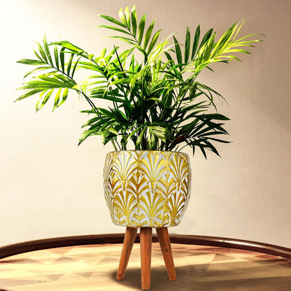 Harvest Land Plant Pots with Stand, Set of 2 Large Modern Planters Metal Tall Handmade Flower Pots with Drainage Holes Indoor Outdoor,Gold