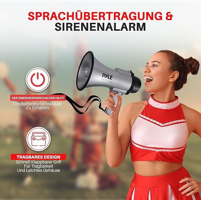 Pyle Portable Megaphone Speaker Siren Bullhorn - Compact and Battery Operated with 30 Watt Power, Microphone, 2 Modes, PA Sound and Foldable Handle for Cheerleading and Police Use - PMP33SL (Silver)