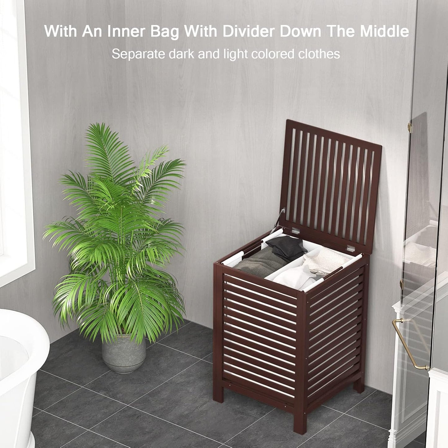 Homykic Bamboo Laundry Hamper with Lid, 120L Large Clothes Laundry Sorter with Removable 2-Section Liner Bag, Raised Laundry Basket Organizer for Clothing, Bathroom, Bedroom, Laundry Room, Espresso