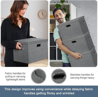 Large 17" 36 Quart Collapsible Stackable Storage Bins with Lids, 3 Packs Black and White Mix Linen Fabric Closet Boxes with Lids, Storage Cube Baskets Container Organizers (17x12x11)