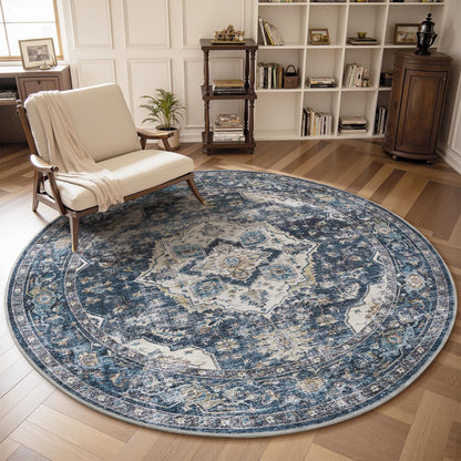 AMOAMI-6FT Round Rug-Rugs for Living Room-Vintage Soft Blue Rugs for Bedroom-Non Slip Circle Rug-Machine Washable Rug for Dining Room Living Room Bedroom Office Under Table
