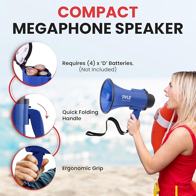 Pyle Compact Battery-Operated Megaphone with Siren - 30 Watt Power, Microphone, 2 Modes, PA Sound, Bullhorn, Foldable Handle for Cheerleading, Police Use (Blue)