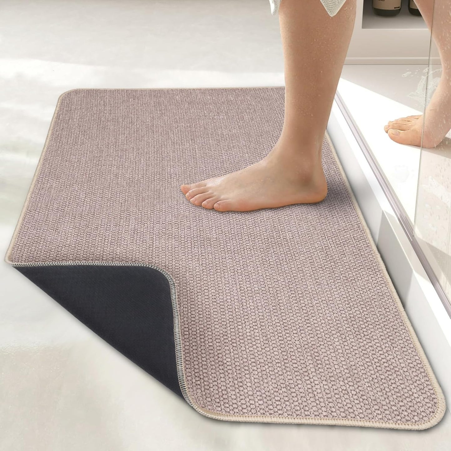 Bath Mat,Ultra Thin Bathroom Rugs,Rubber Bath Mats for Bathroom,No Slip Bath Rugs,Quick Dry,Machine Washable,Low Pile,Absorbent,Shower Outside,Sink,Home Decor Accessories.Beige,1'5"x2'3"(17x27inch)