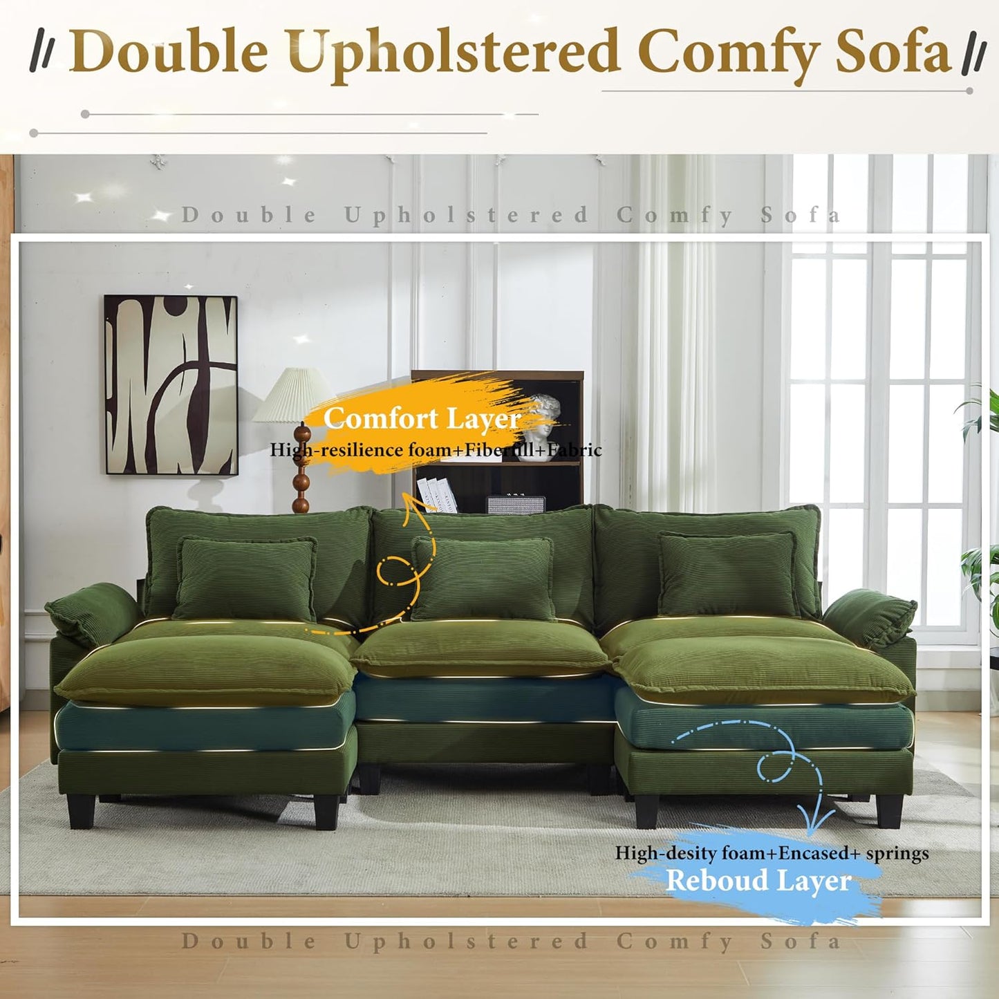 URRED Modular Sectional Sofa Comfy Cloud Couch, Modern Corduroy Sofa Sleeper Deep Seat Couches with Ottoman/Pillows for Living Room (Green, 117'' - U Shape)