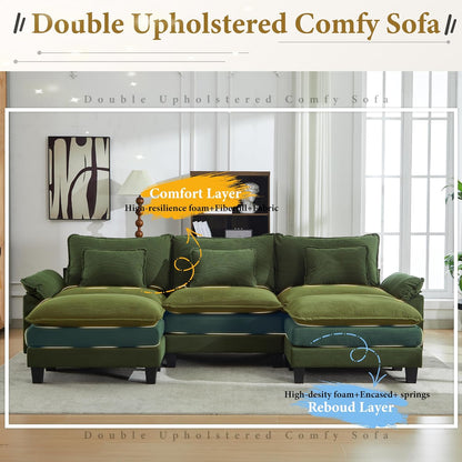 URRED Modular Sectional Sofa Comfy Cloud Couch, Modern Corduroy Sofa Sleeper Deep Seat Couches with Ottoman/Pillows for Living Room (Green, 117'' - U Shape)