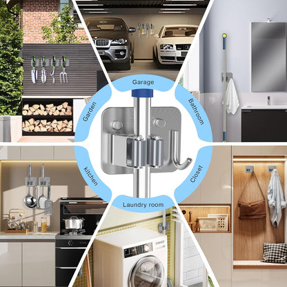 4 Pack Stainless Steel Mop and Broom Gripper with Hook, Screw Drilling or Self Adhesive Mop and Broom Holder Wall Mount, Storage Rack for Closet Laundry Garage Garden Tool Organizer, Silver