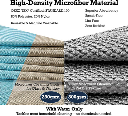 2-Step Glass Cleaning Cloth 3-Pack - Lint-Free Microfiber Towels Polish & Scrub Kit - Water Only Streak-Free for Windows, Cars, Mirrors - Blue, Brown, Gray